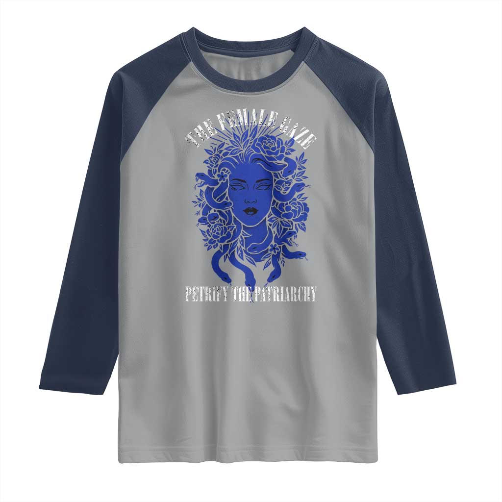 Medusa Feminist Raglan Shirt Womens Rights Mythical Empowerment Graphic TS10 Sport Gray Navy Print Your Wear