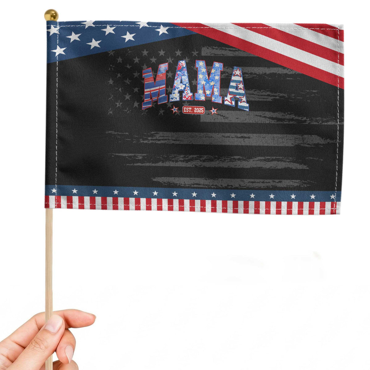 American Mama Est 2025 Patriotic Handheld Flag 4th of July Pregnancy Reveal TS10 Distressed 8.2