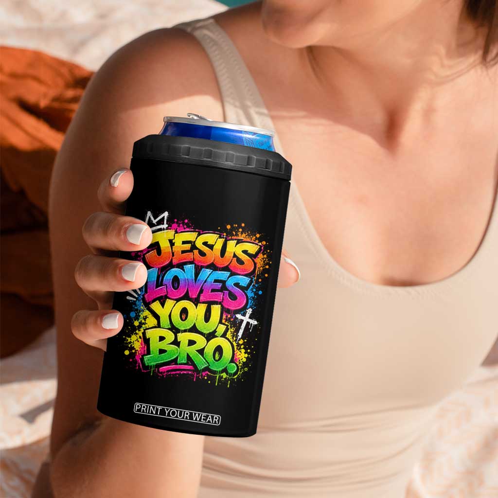 Jesus Loves You Bro Christian Believer Faith 4 in 1 Can Cooler Tumbler Dripping Graffiti Rap God Religious Graphic