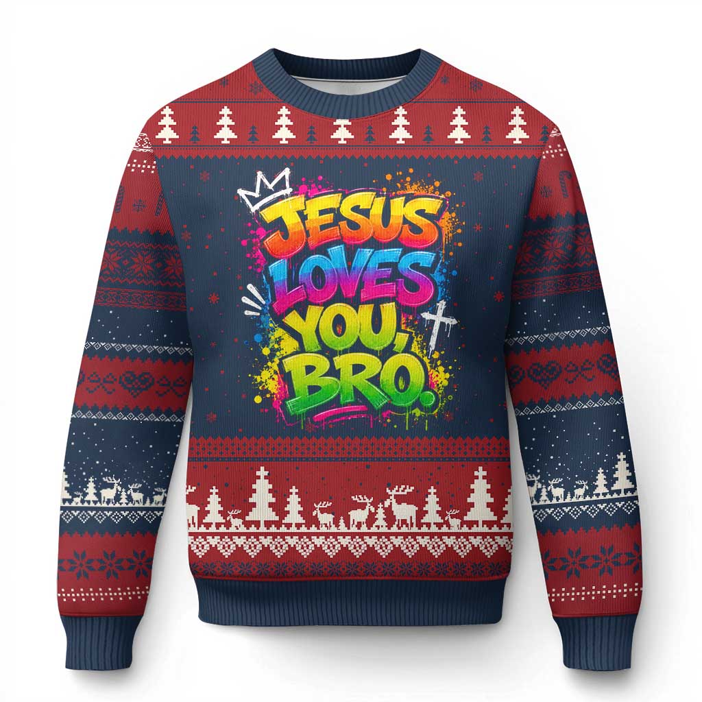 Jesus Loves You Bro Christian Believer Faith Ugly Christmas Sweater Dripping Graffiti Rap God Religious Graphic TS10 Navy Red Print Your Wear