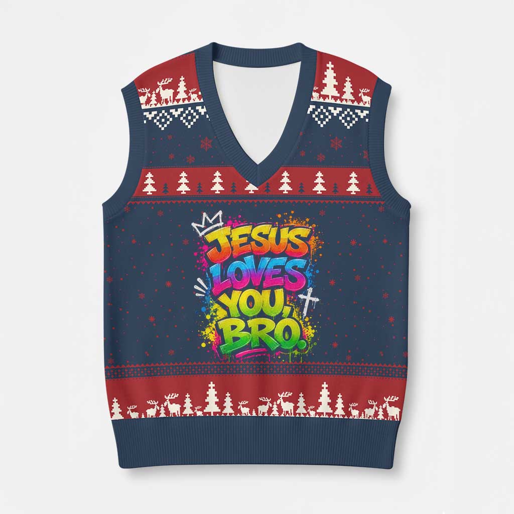 Jesus Loves You Bro Christian Believer Faith V-Neck Knit Sweater Vest Dripping Graffiti Rap God Religious Graphic