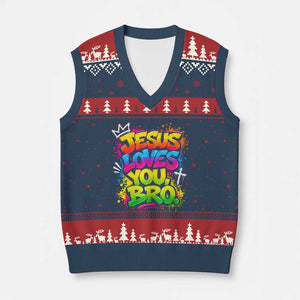 Jesus Loves You Bro Christian Believer Faith V-Neck Knit Sweater Vest Dripping Graffiti Rap God Religious Graphic