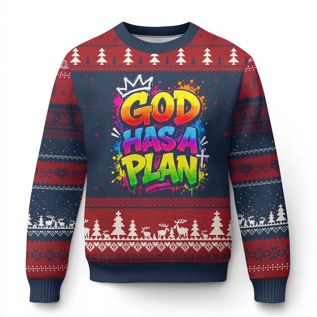 God Has A Plan Ugly Christmas Sweater Graffiti Rap Christian Faith Graphic TS10 Navy Red Print Your Wear