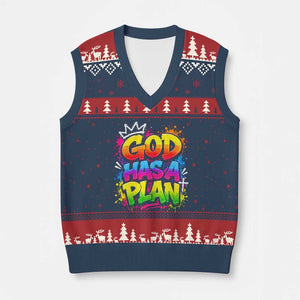 God Has A Plan V-Neck Knit Sweater Vest Graffiti Rap Christian Faith Graphic