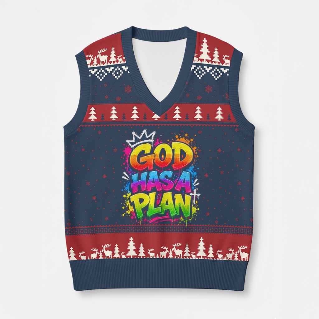 God Has A Plan V-Neck Knit Sweater Vest Graffiti Rap Christian Faith Graphic TS10 Navy Red Print Your Wear