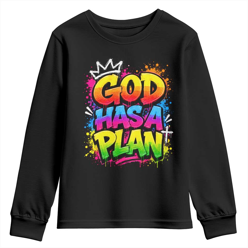 God Has A Plan Youth Sweatshirt Graffiti Rap Christian Faith Graphic TS10 Black Print Your Wear
