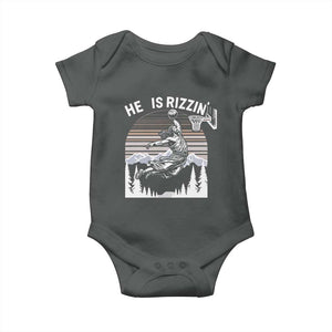 Funny Jesus Basketball Baby Onesie He Is Rizzin Retro Y2K Playing Basketball TS10 Dark Heather Print Your Wear