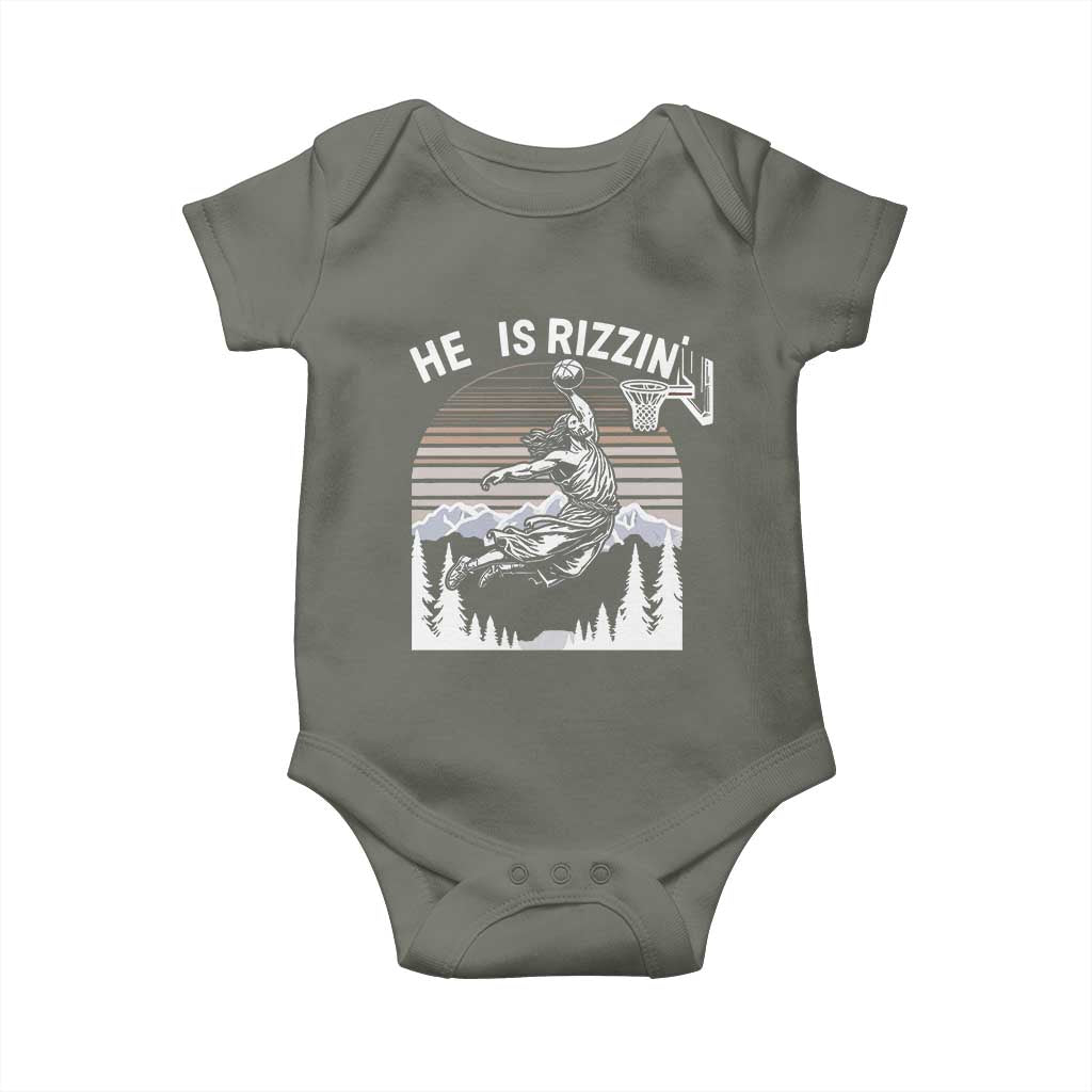Funny Jesus Basketball Baby Onesie He Is Rizzin Retro Y2K Playing Basketball TS10 Military Green Print Your Wear