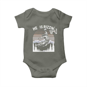 Funny Jesus Basketball Baby Onesie He Is Rizzin Retro Y2K Playing Basketball TS10 Military Green Print Your Wear