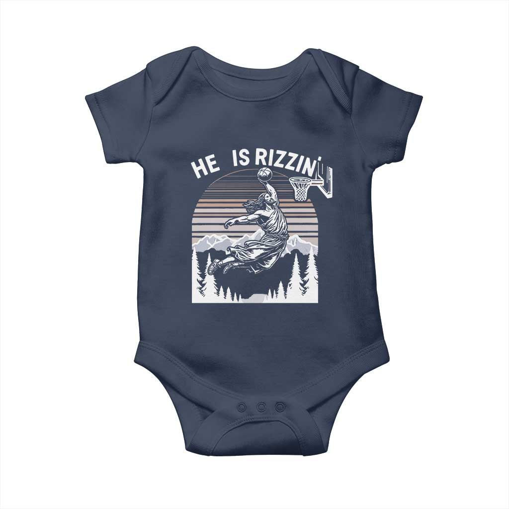 Funny Jesus Basketball Baby Onesie He Is Rizzin Retro Y2K Playing Basketball TS10 Navy Print Your Wear