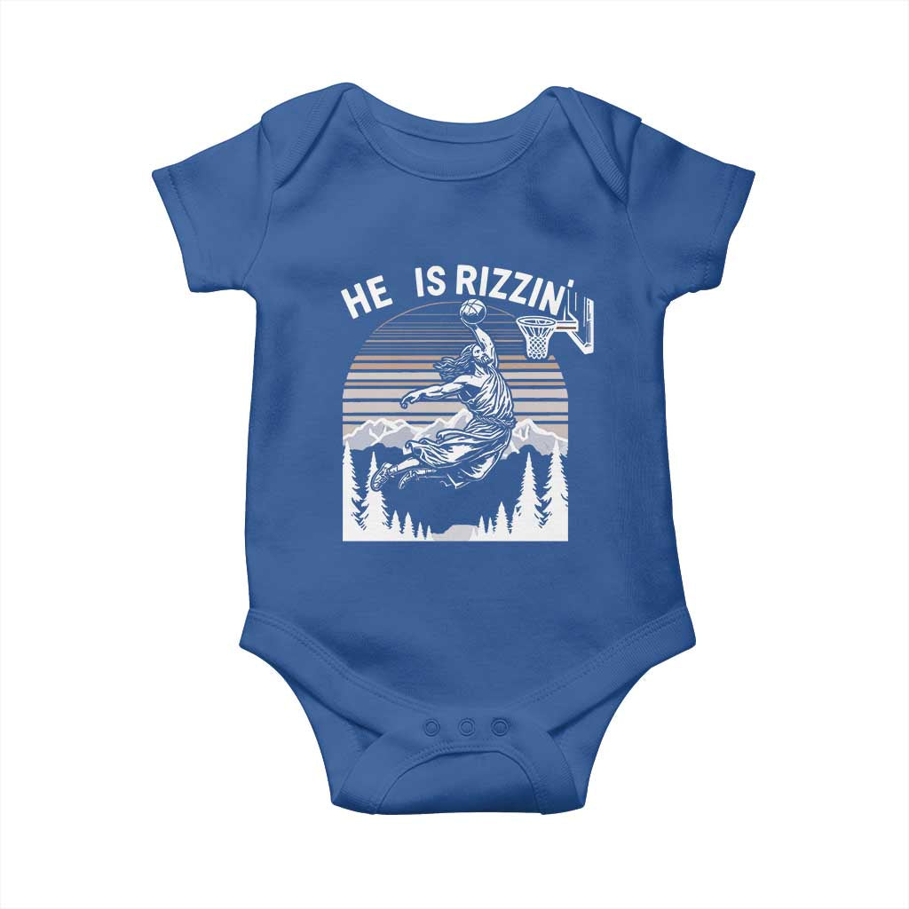 Funny Jesus Basketball Baby Onesie He Is Rizzin Retro Y2K Playing Basketball TS10 Royal Blue Print Your Wear