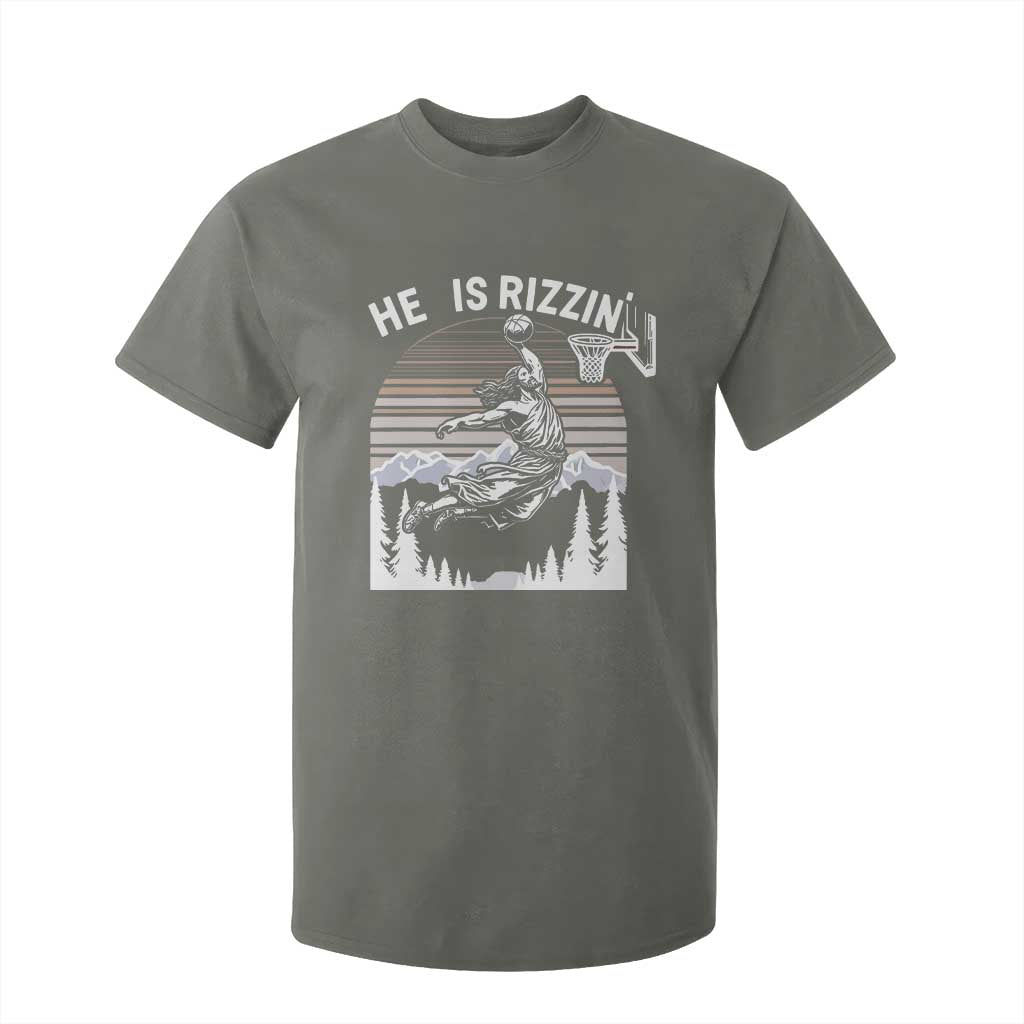 Funny Jesus Basketball T Shirt For Kid He Is Rizzin Retro Y2K Playing Basketball TS10 Military Green Print Your Wear
