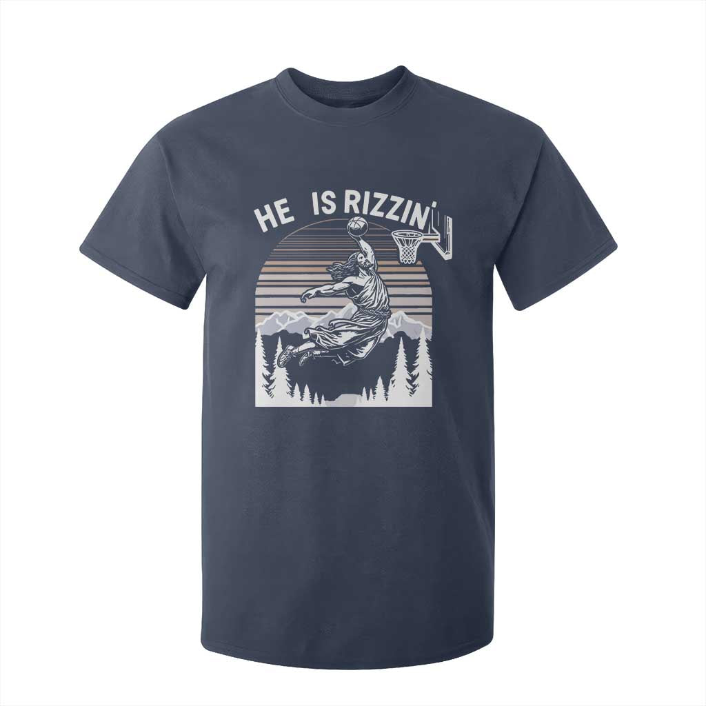 Funny Jesus Basketball T Shirt For Kid He Is Rizzin Retro Y2K Playing Basketball TS10 Navy Print Your Wear