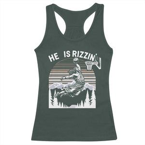 Funny Jesus Basketball Racerback Tank Top He Is Rizzin Retro Y2K Playing Basketball TS10 Dark Forest Green Print Your Wear