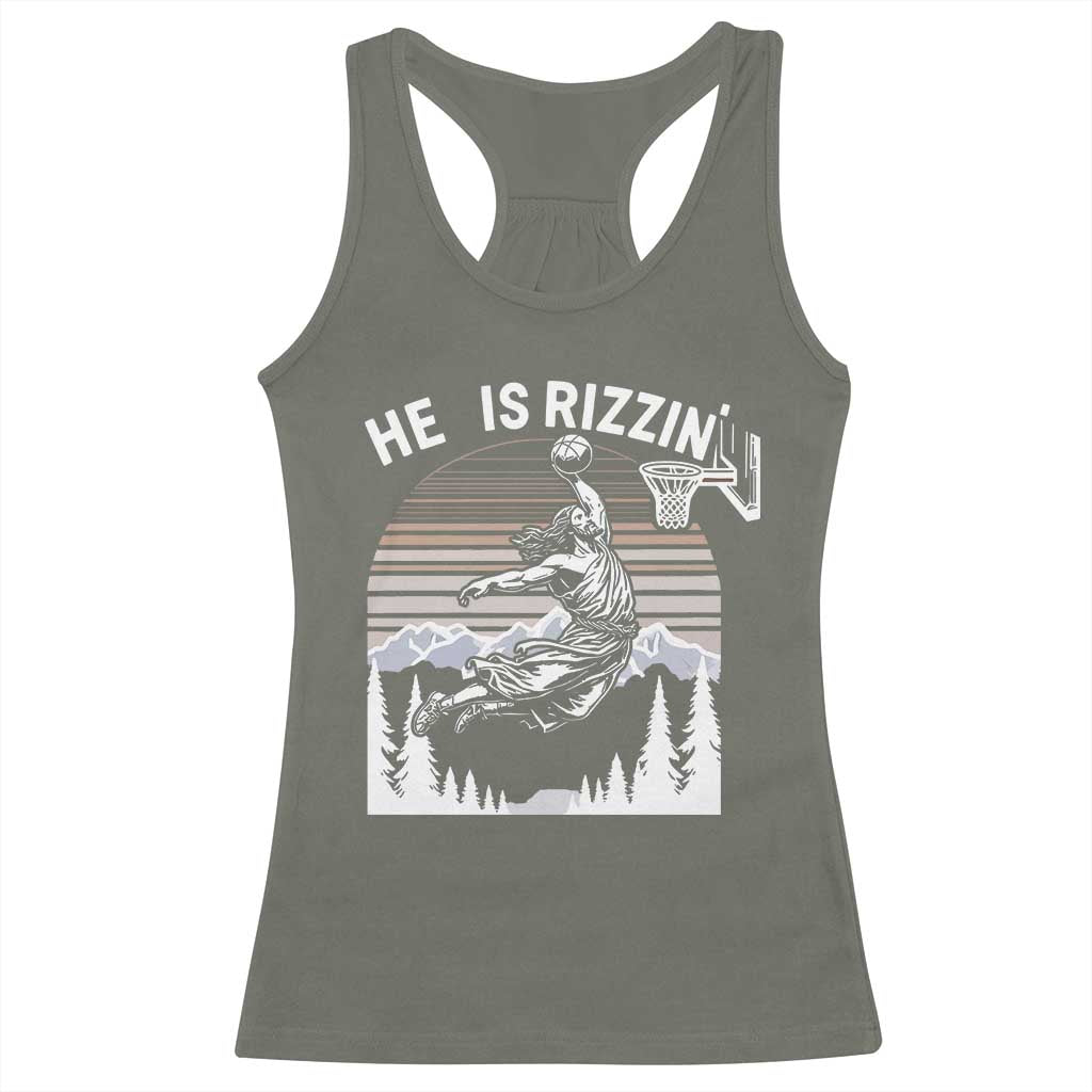 Funny Jesus Basketball Racerback Tank Top He Is Rizzin Retro Y2K Playing Basketball TS10 Military Green Print Your Wear