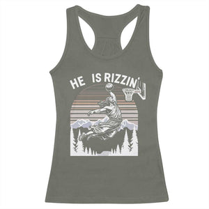 Funny Jesus Basketball Racerback Tank Top He Is Rizzin Retro Y2K Playing Basketball TS10 Military Green Print Your Wear