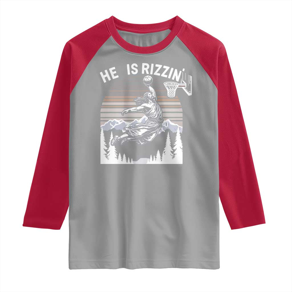 Funny Jesus Basketball Raglan Shirt He Is Rizzin Retro Y2K Playing Basketball TS10 Sport Gray Red Print Your Wear