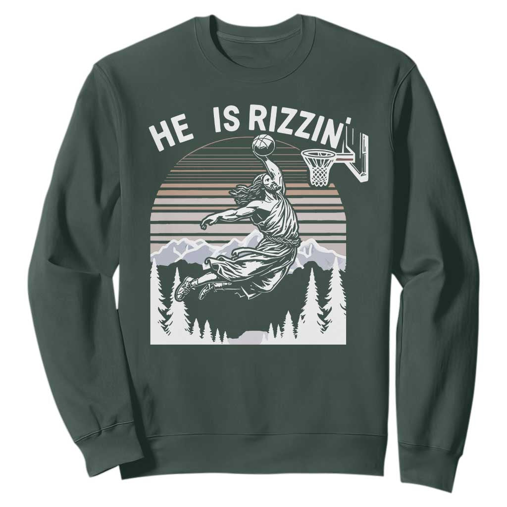 Funny Jesus Basketball Sweatshirt He Is Rizzin Retro Y2K Playing Basketball TS10 Dark Forest Green Print Your Wear