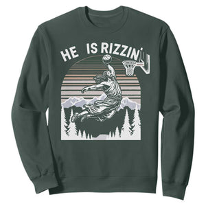 Funny Jesus Basketball Sweatshirt He Is Rizzin Retro Y2K Playing Basketball TS10 Dark Forest Green Print Your Wear