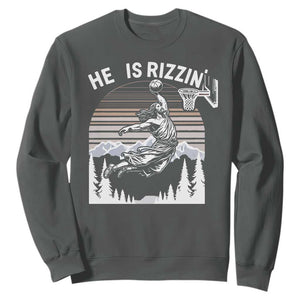 Funny Jesus Basketball Sweatshirt He Is Rizzin Retro Y2K Playing Basketball TS10 Dark Heather Print Your Wear