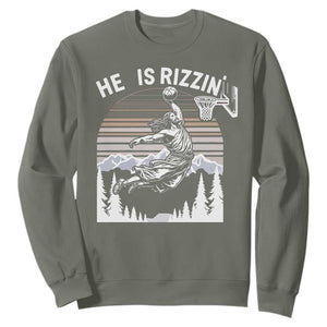 Funny Jesus Basketball Sweatshirt He Is Rizzin Retro Y2K Playing Basketball TS10 Military Green Print Your Wear