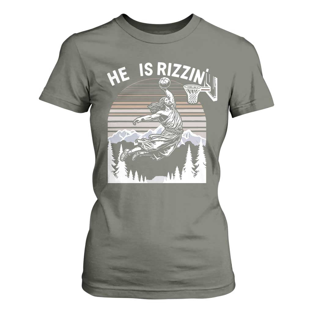 Funny Jesus Basketball T Shirt For Women He Is Rizzin Retro Y2K Playing Basketball TS10 Military Green Print Your Wear