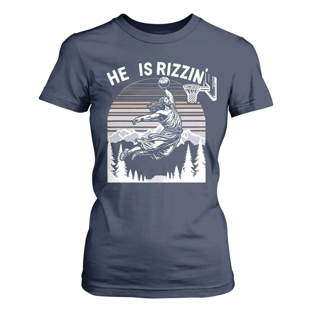 Funny Jesus Basketball T Shirt For Women He Is Rizzin Retro Y2K Playing Basketball TS10 Navy Print Your Wear