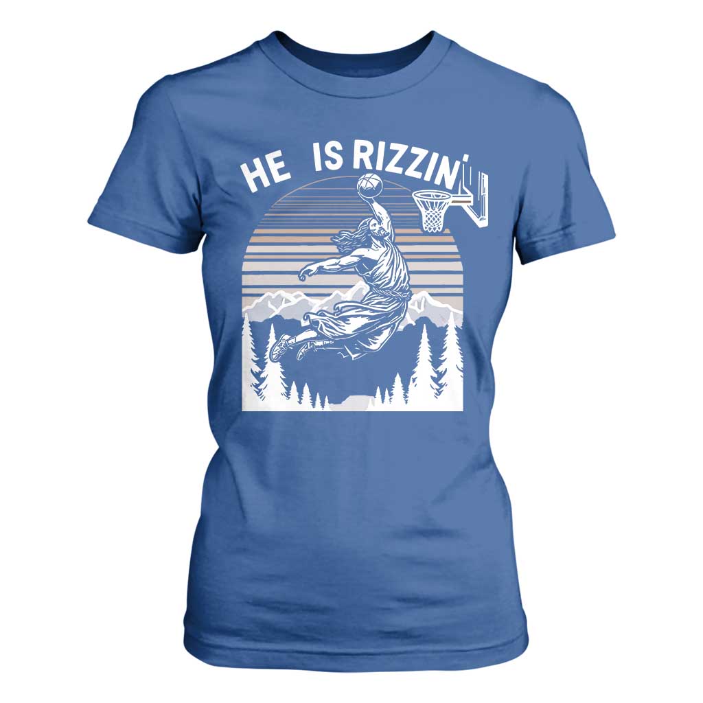 Funny Jesus Basketball T Shirt For Women He Is Rizzin Retro Y2K Playing Basketball TS10 Royal Blue Print Your Wear