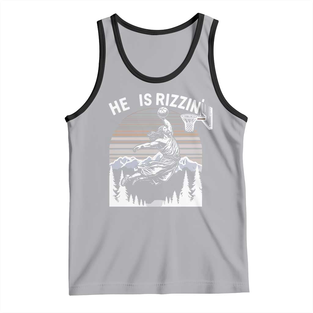 Funny Jesus Basketball Tank Top He Is Rizzin Retro Y2K Playing Basketball TS10 Athletic Heather Black Print Your Wear