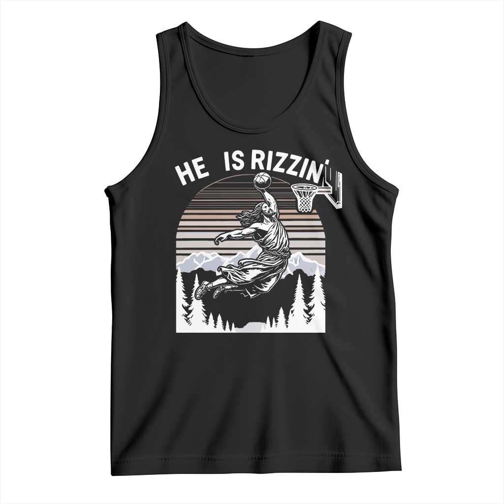 Funny Jesus Basketball Tank Top He Is Rizzin Retro Y2K Playing Basketball TS10 Black Print Your Wear