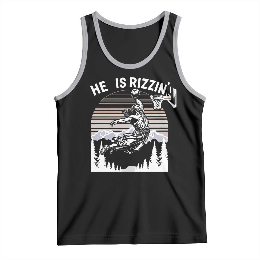 Funny Jesus Basketball Tank Top He Is Rizzin Retro Y2K Playing Basketball TS10 Black Athletic Heather Print Your Wear