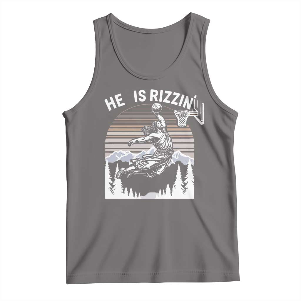 Funny Jesus Basketball Tank Top He Is Rizzin Retro Y2K Playing Basketball TS10 Deep Heather Print Your Wear