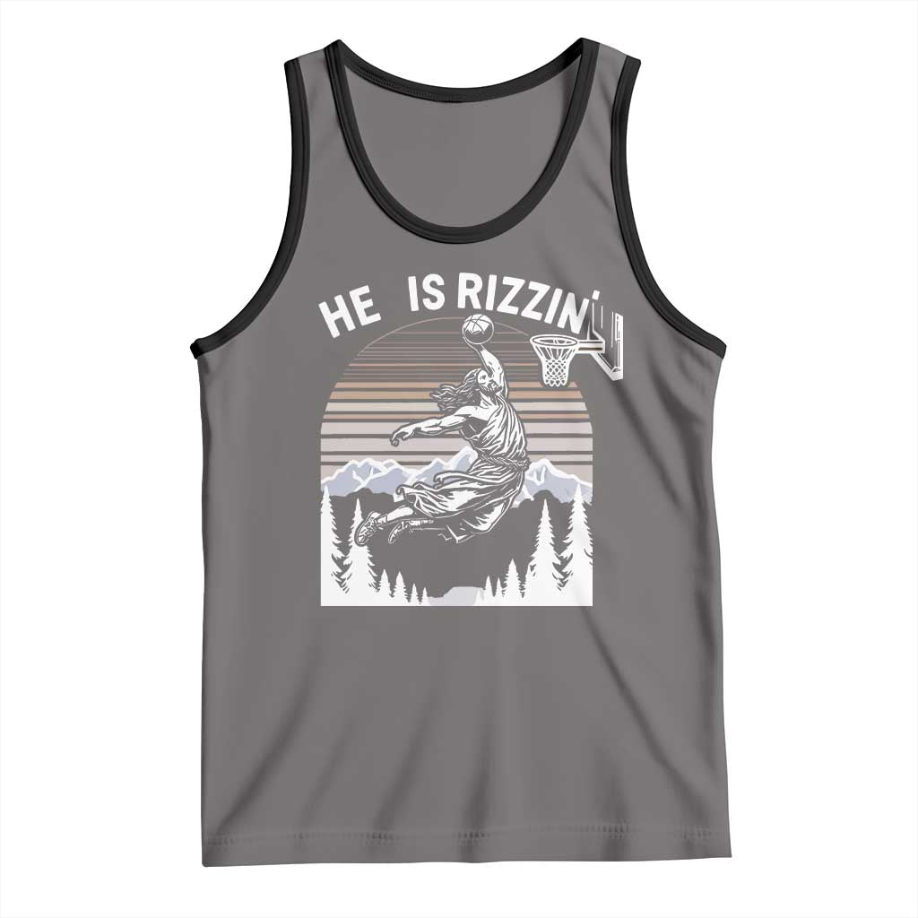 Funny Jesus Basketball Tank Top He Is Rizzin Retro Y2K Playing Basketball TS10 Deep Heather Black Print Your Wear