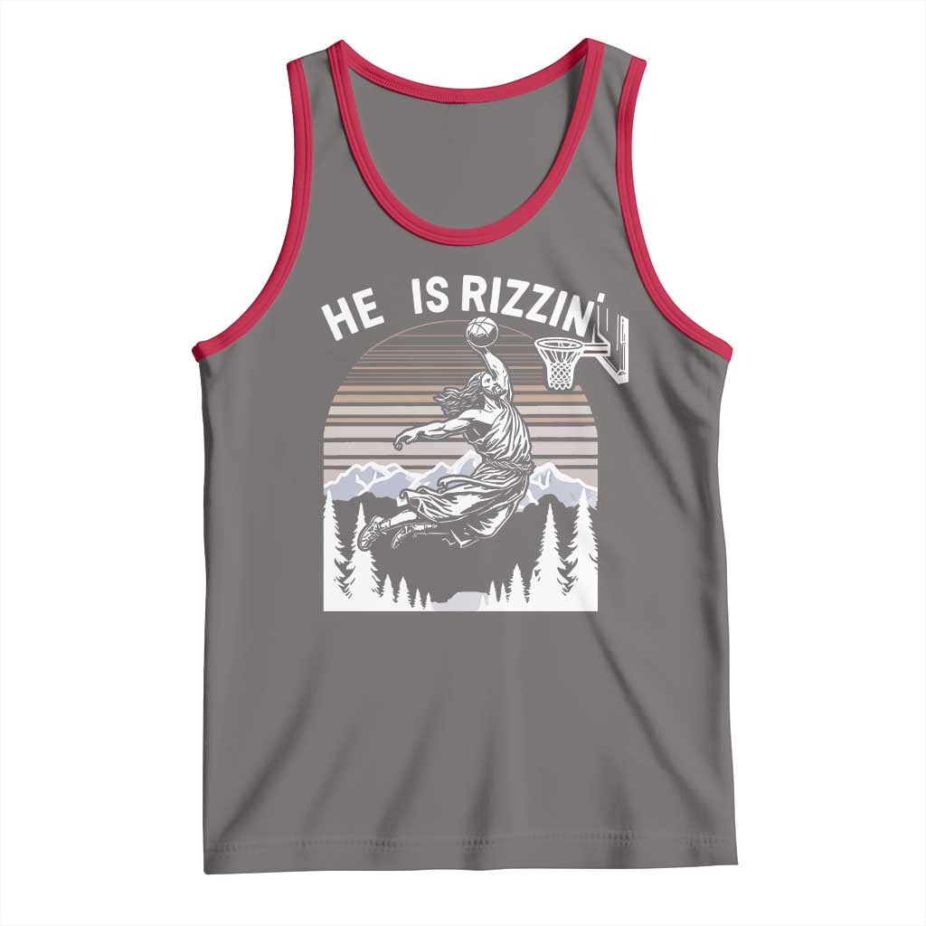Funny Jesus Basketball Tank Top He Is Rizzin Retro Y2K Playing Basketball TS10 Deep Heather Red Print Your Wear