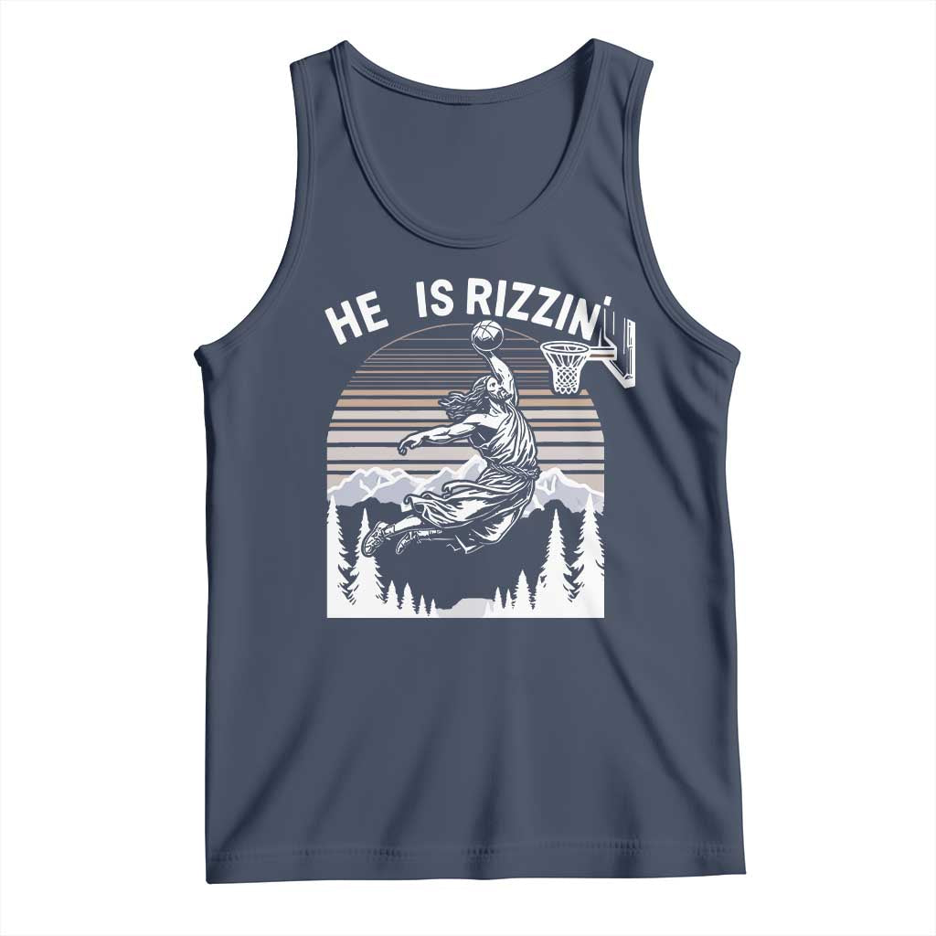 Funny Jesus Basketball Tank Top He Is Rizzin Retro Y2K Playing Basketball TS10 Navy Print Your Wear
