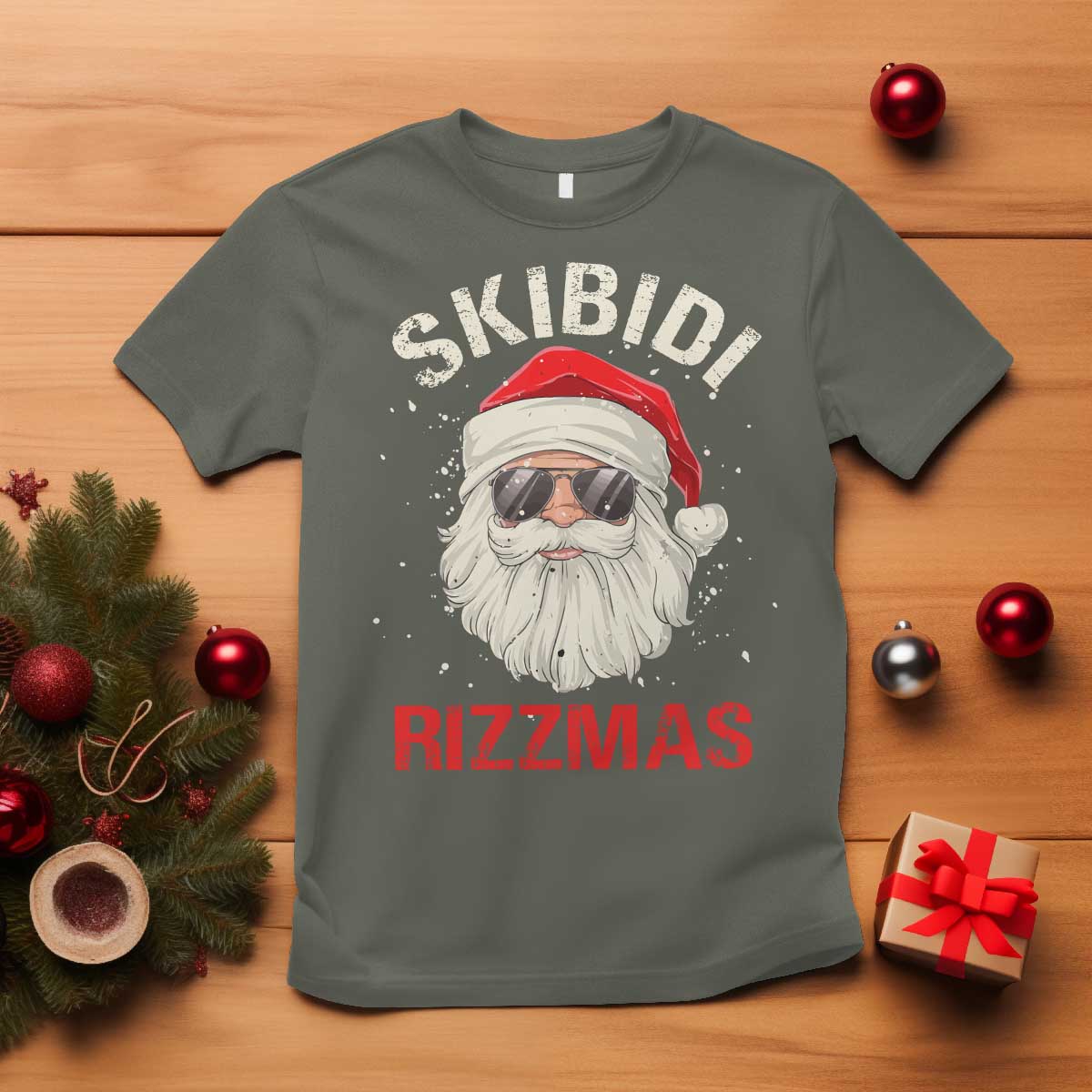 Skibidi Rizzmas Christmas T Shirt Rizz Santa Claus Retro Funny Xmas Gen Alpha Kid TS10 Military Green Print Your Wear