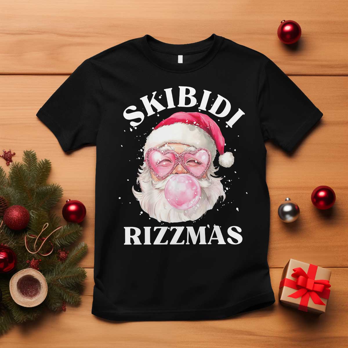 Skibidi Rizzmas Christmas T Shirt Rizz Santa Pink Bubble Gum Funny Xmas Gen Alpha Girl Kids TS10 Black Print Your Wear