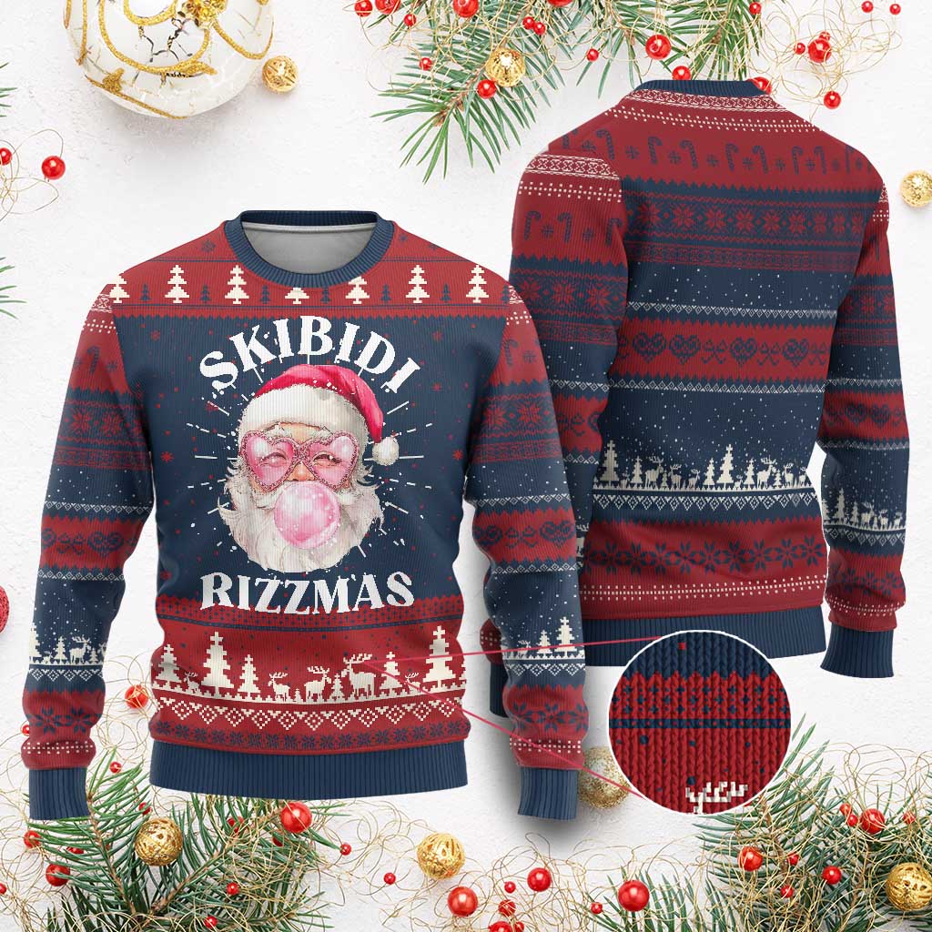 Skibidi Rizzmas Xmas Ugly Christmas Sweater Rizz Santa Pink Bubble Gum Funny Xmas Gen Alpha Girl Kids TS10 Burgundy Print Your Wear
