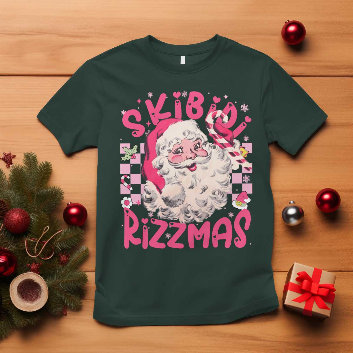 SKIBIDI Rizzmas Santa T Shirt Rizz Santa Pink Groovy Funny Xmas Gen Alpha Girl Kids TS10 Dark Forest Green Print Your Wear