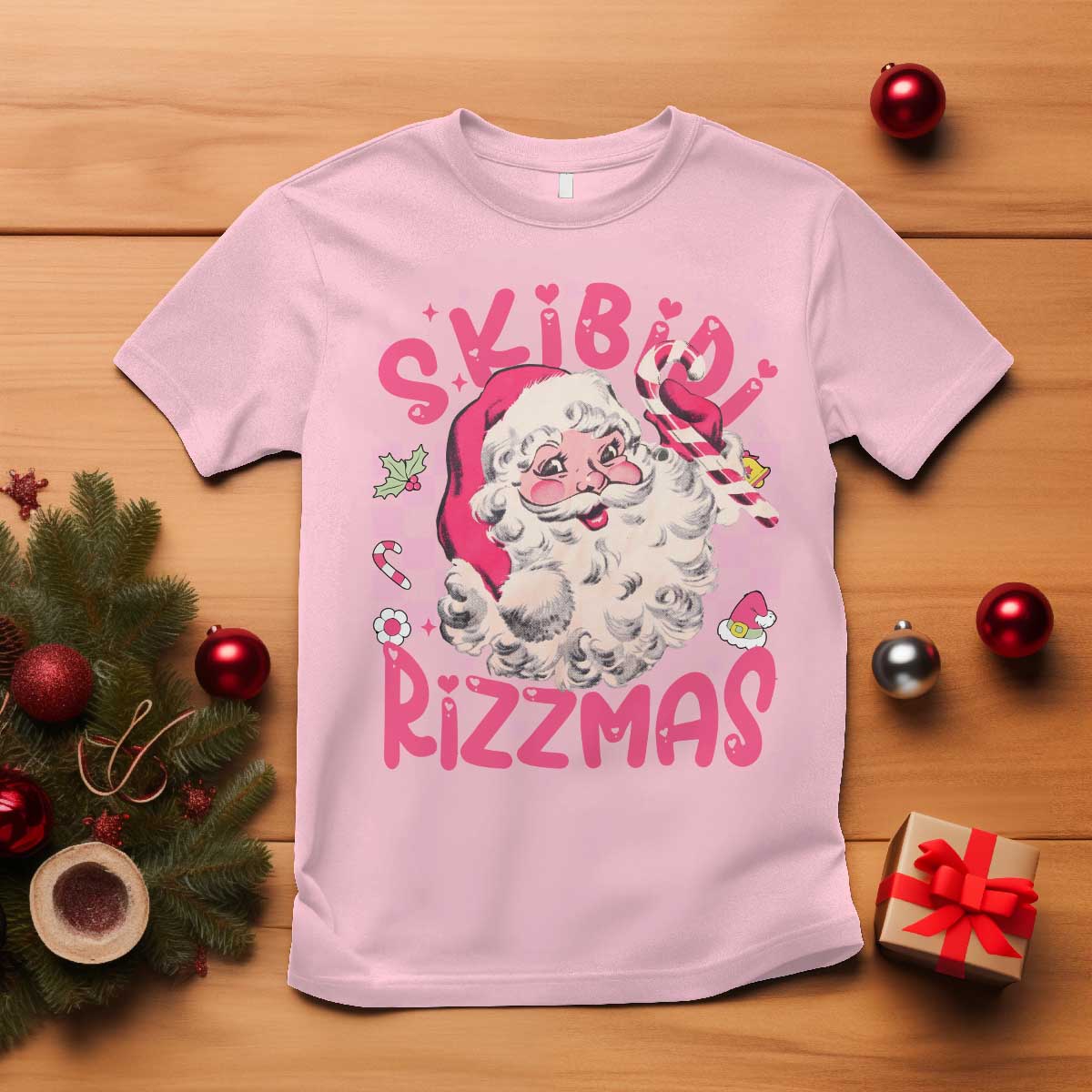 SKIBIDI Rizzmas Santa T Shirt Rizz Santa Pink Groovy Funny Xmas Gen Alpha Girl Kids TS10 Light Pink Print Your Wear