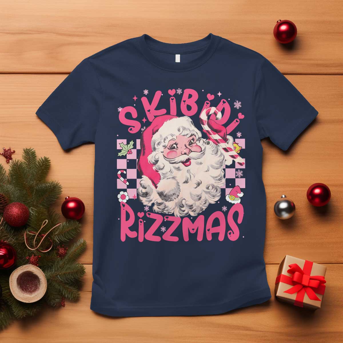 SKIBIDI Rizzmas Santa T Shirt Rizz Santa Pink Groovy Funny Xmas Gen Alpha Girl Kids TS10 Navy Print Your Wear