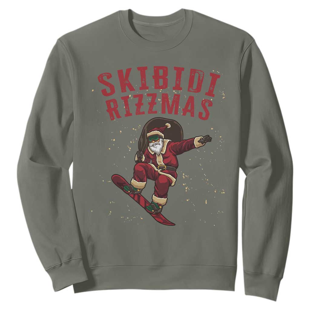 Skibidi Rizzmas Christmas Sweatshirt Rizz Santa Claus Skater Skateboard Skateboarder Kid Cool TS10 Military Green Print Your Wear
