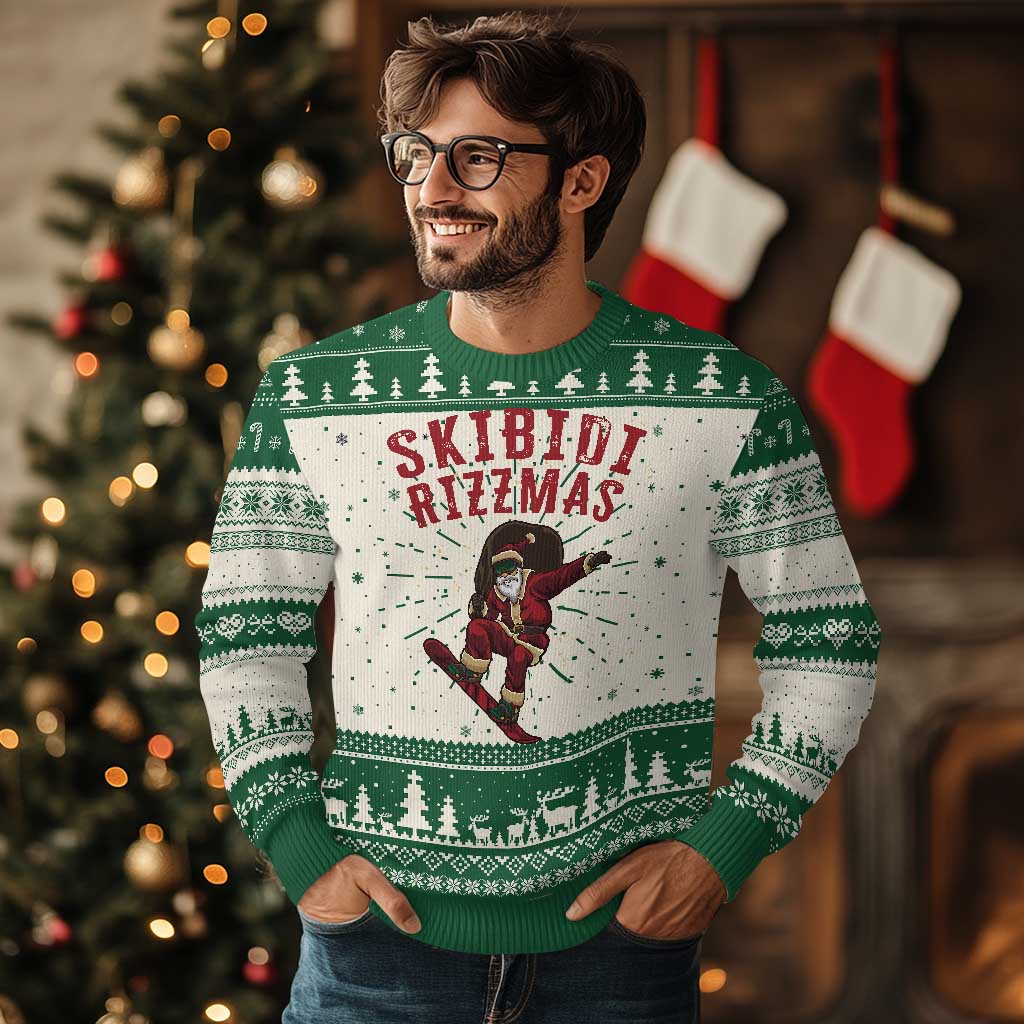 Skibidi Rizzmas Xmas Ugly Christmas Sweater Rizz Santa Claus Skater Skateboard Skateboarder Kid Cool TS10 Green Print Your Wear