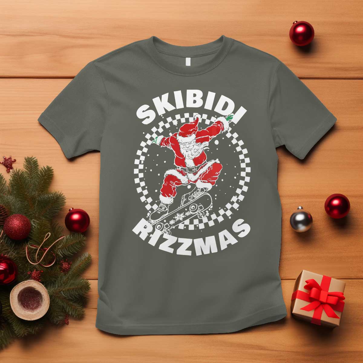 Skibidi Rizzmas Christmas T Shirt Rizz Skateboarding Santa Claus Skater Skateboard Skateboarder TS10 Military Green Print Your Wear