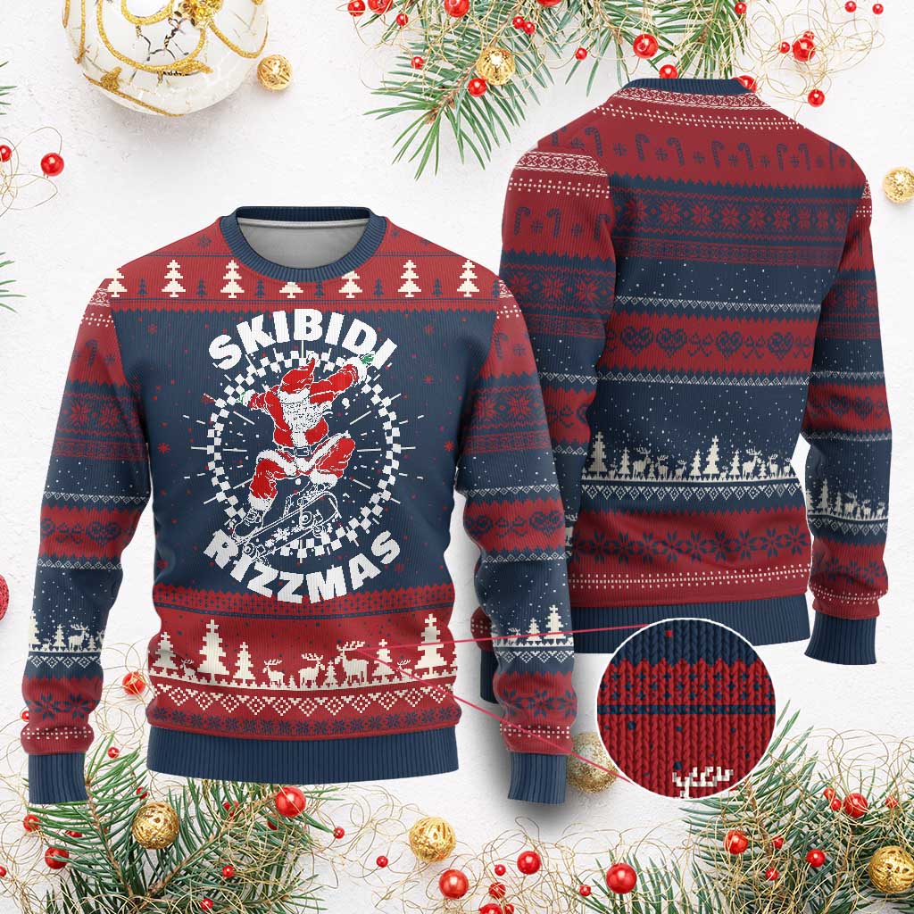 Skibidi Rizzmas Xmas Ugly Christmas Sweater Rizz Skateboarding Santa Claus Skater Skateboard Skateboarder TS10 Burgundy Print Your Wear