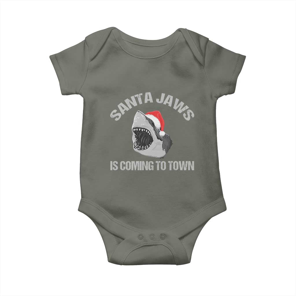 Funny Shark Christmas Baby Onesie Santa Jaws Is Coming Town TS10 Military Green Print Your Wear