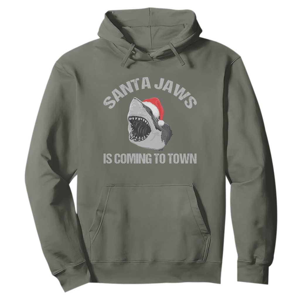 Funny Shark Christmas Hoodie Santa Jaws Is Coming Town TS10 Military Green Print Your Wear