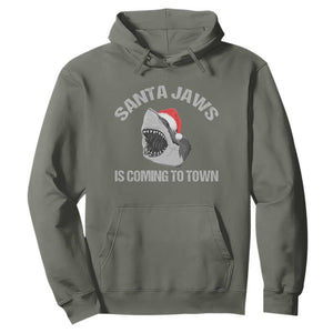 Funny Shark Christmas Hoodie Santa Jaws Is Coming Town TS10 Military Green Print Your Wear