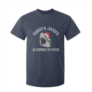 Funny Shark Christmas T Shirt For Kid Santa Jaws Is Coming Town TS10 Navy Print Your Wear