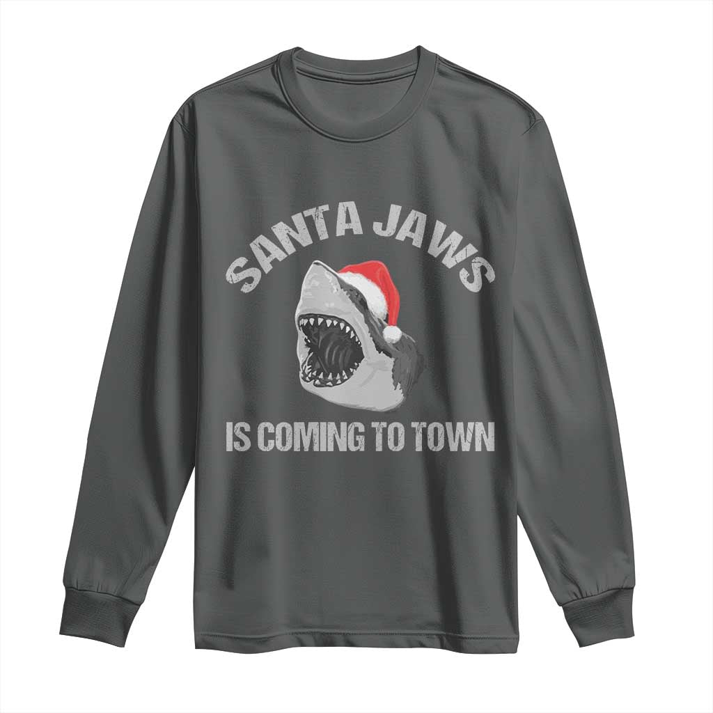 Funny Shark Christmas Long Sleeve Shirt Santa Jaws Is Coming Town TS10 Dark Heather Print Your Wear